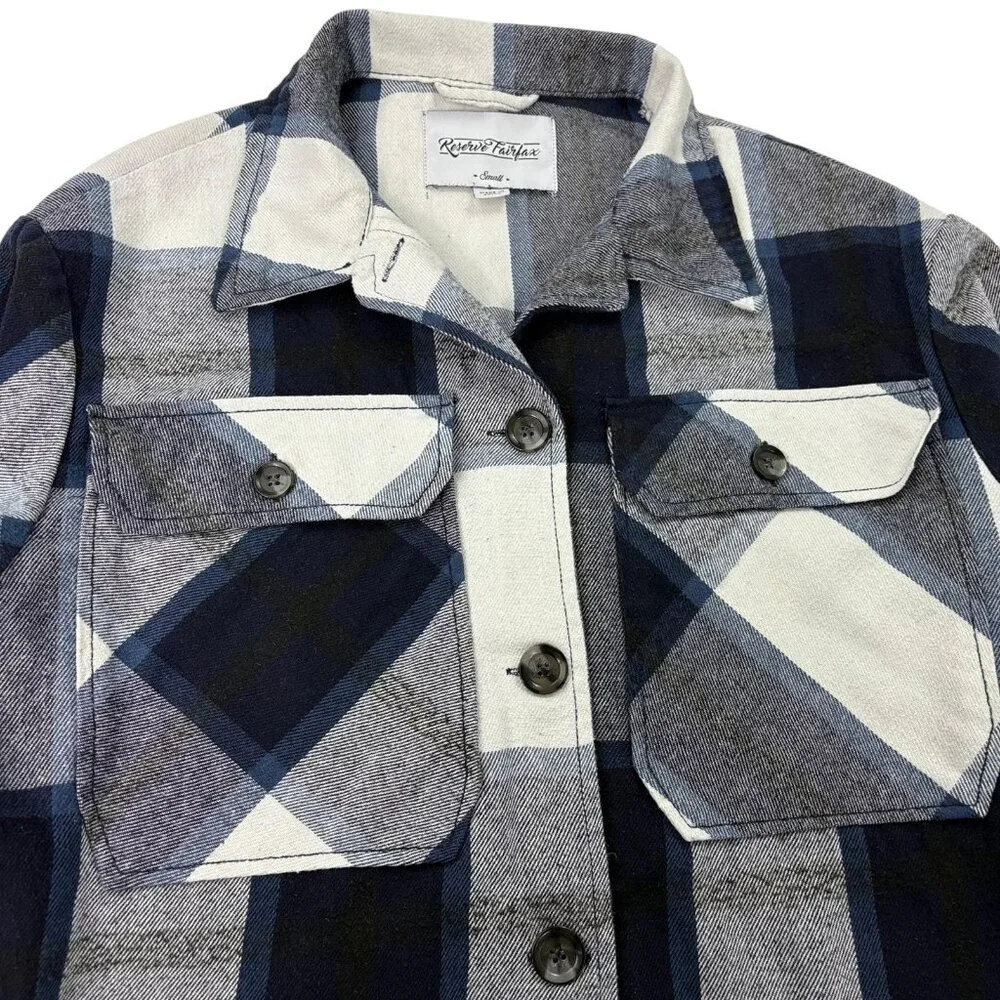 Reserve Fairfax Women’s Plaid Flannel Shacket Blue Gray Button Up Size Small - Picture 3 of 13